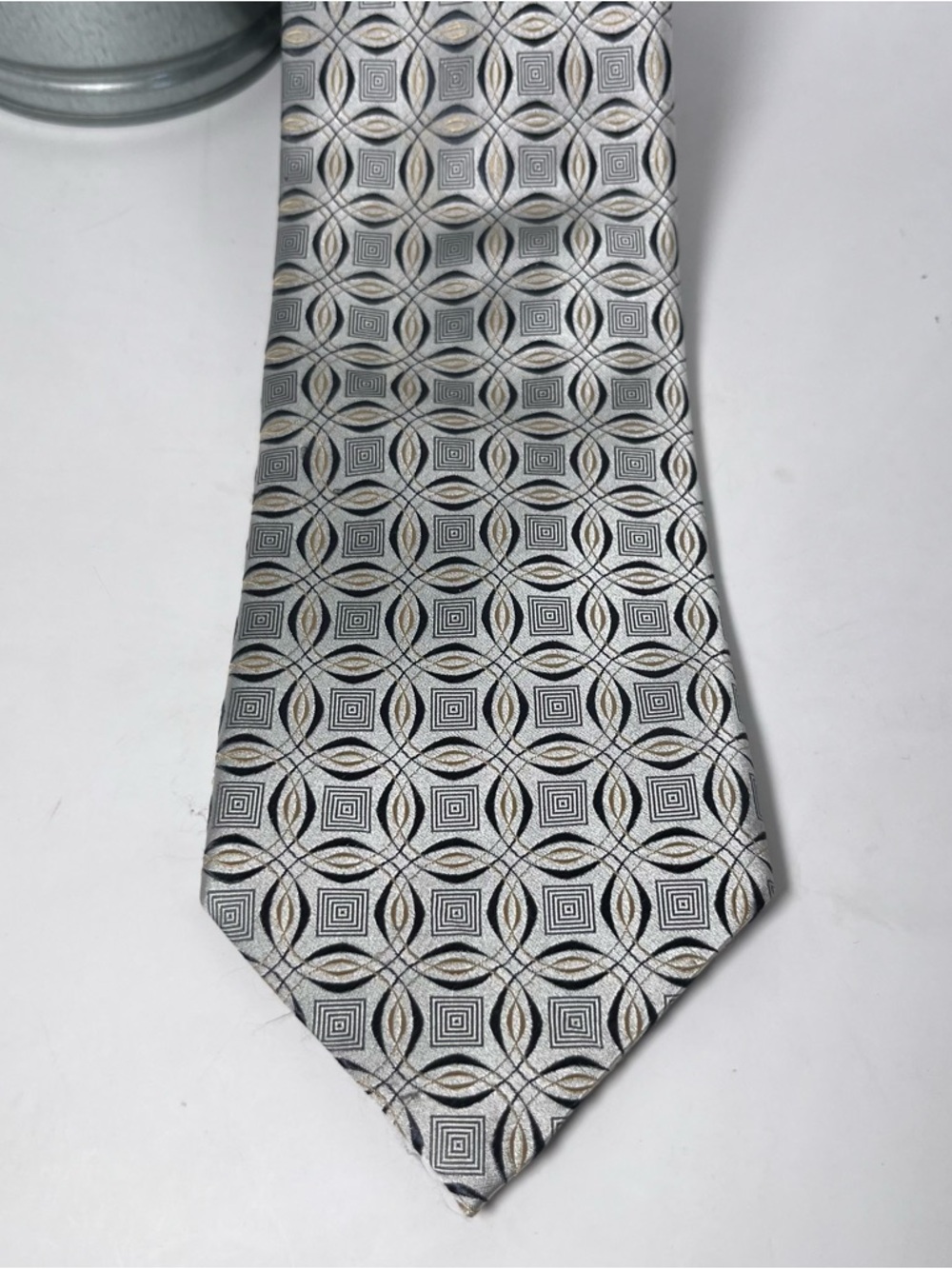 Ermenegildo Zegna Men’s Geometric Pattern Silk Neck Tie Silver,‎ Gold & Black